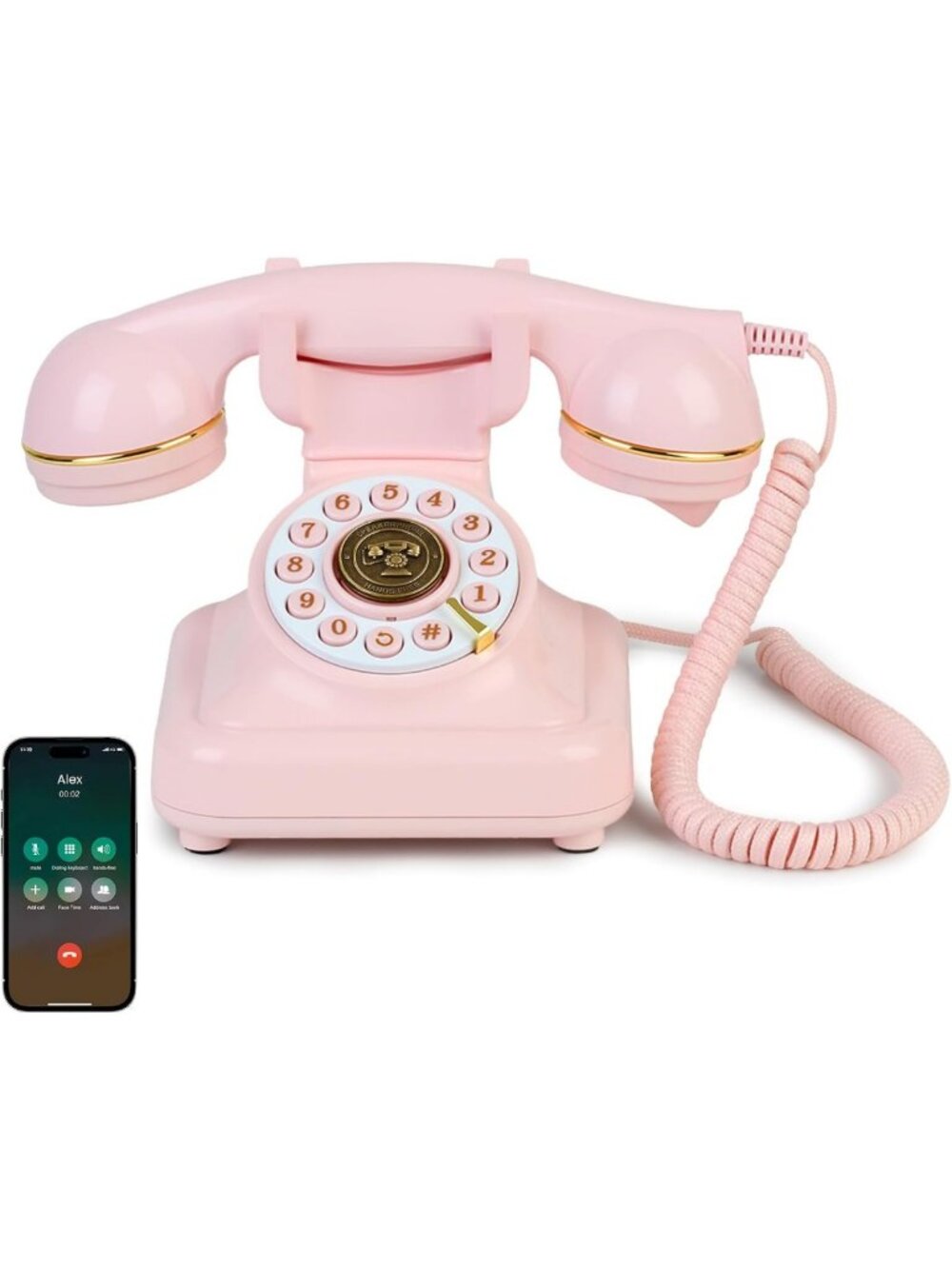 Retro Bluetooth Desk Telephone with Gold Accents, Loud Ringtones, Pink Home